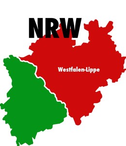 Karte vom Land Nord-Rhein-Westfalen. Westfalen liegt oben links (rot dargestellt)